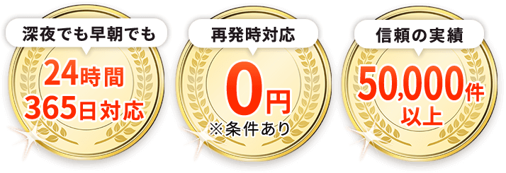 深夜でも早朝でも24時間365日対応、再発時対応0円（※条件あり）、信頼の実績50000件以上