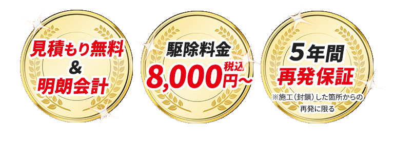 見積もり無料＆明朗会計 駆除料金8,000円～ 5年間再発保証